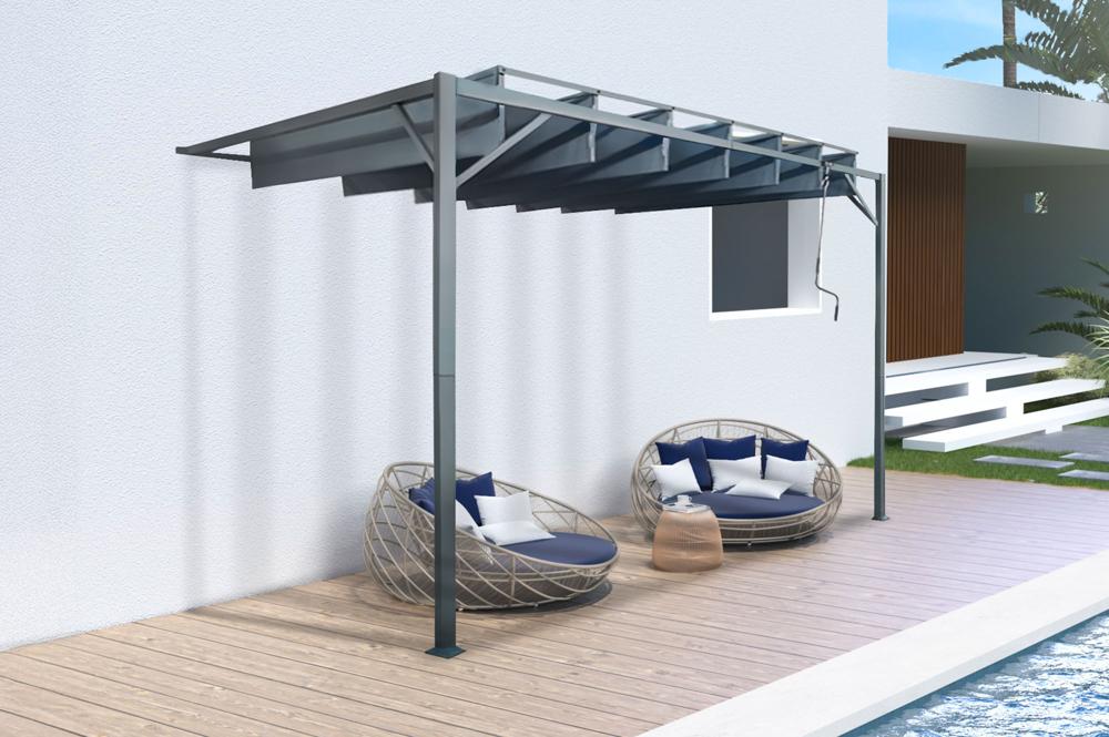 Lean-to louvered pergola BAHIA 3x3m grey anthracite canvas roof