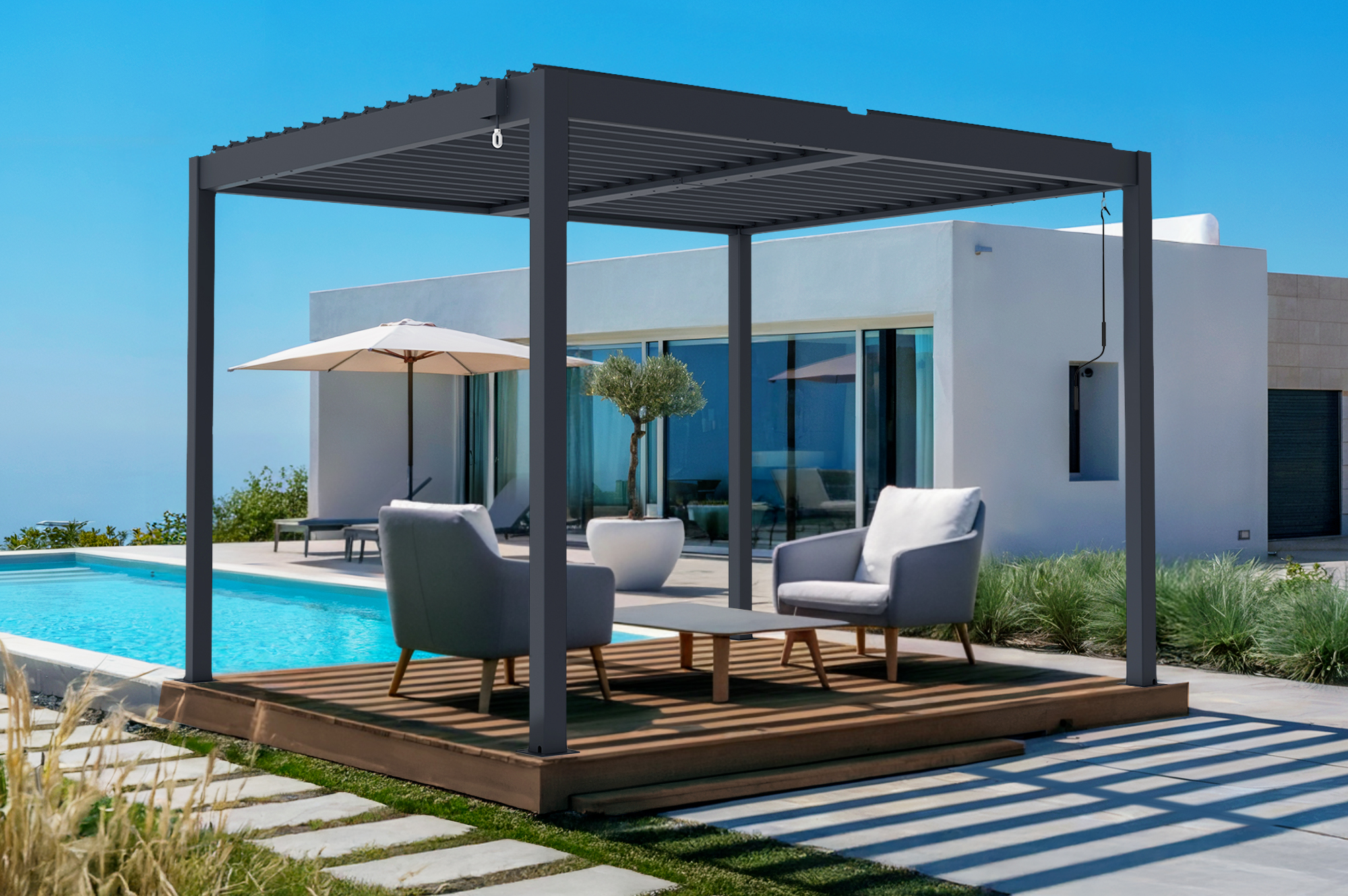 PIANA 3x2,5m fritstående bioklimatisk pergola i grå aluminium 7