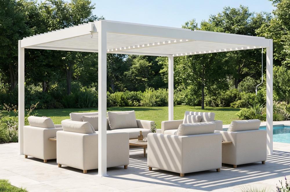 PIANA 4x3m vrijstaande bioclimatische pergola in wit aluminium