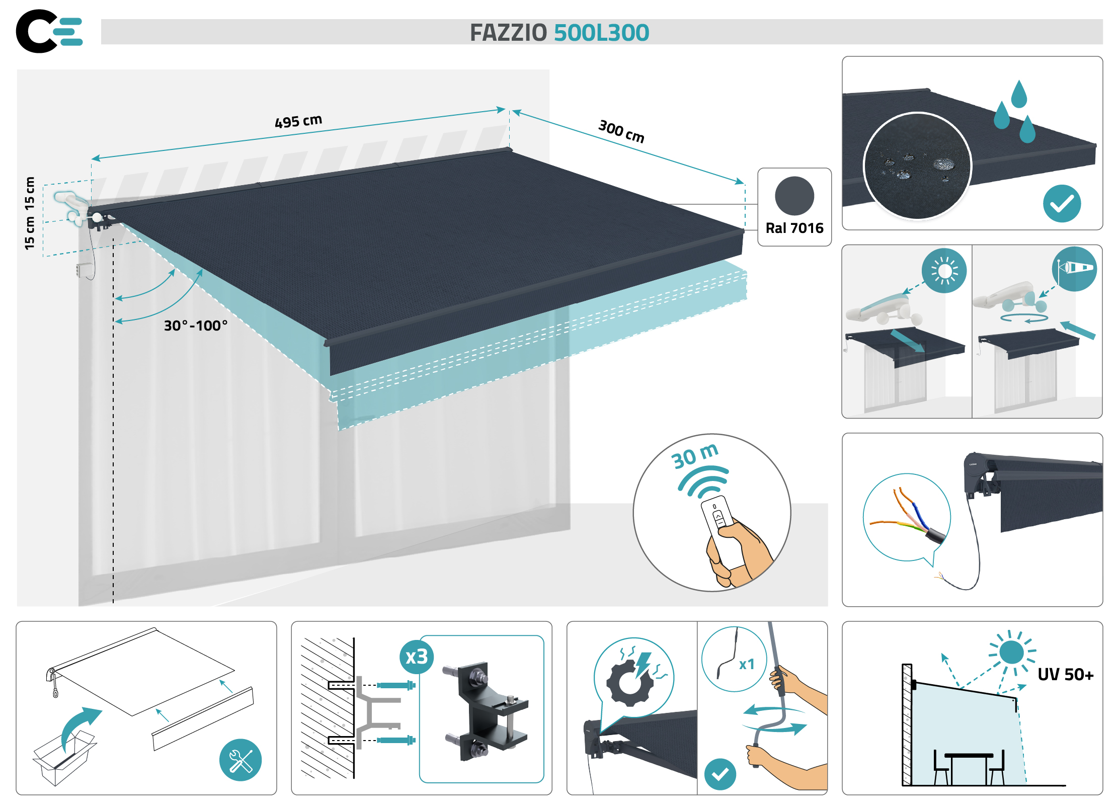 FAZZIO 5x3m grijs semi-cassette gemotoriseerd zonnescherm 2