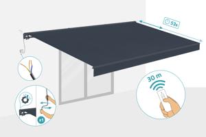 FAZZIO 5x3m grijs semi-cassette gemotoriseerd zonnescherm 5
