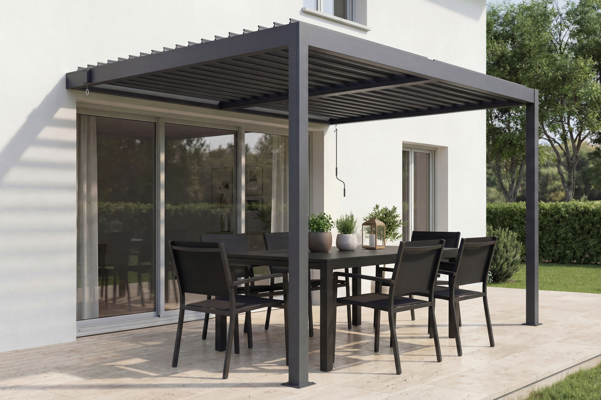 Pérgola bioclimática adosada PIANA de 3x2 m en aluminio gris. main_image