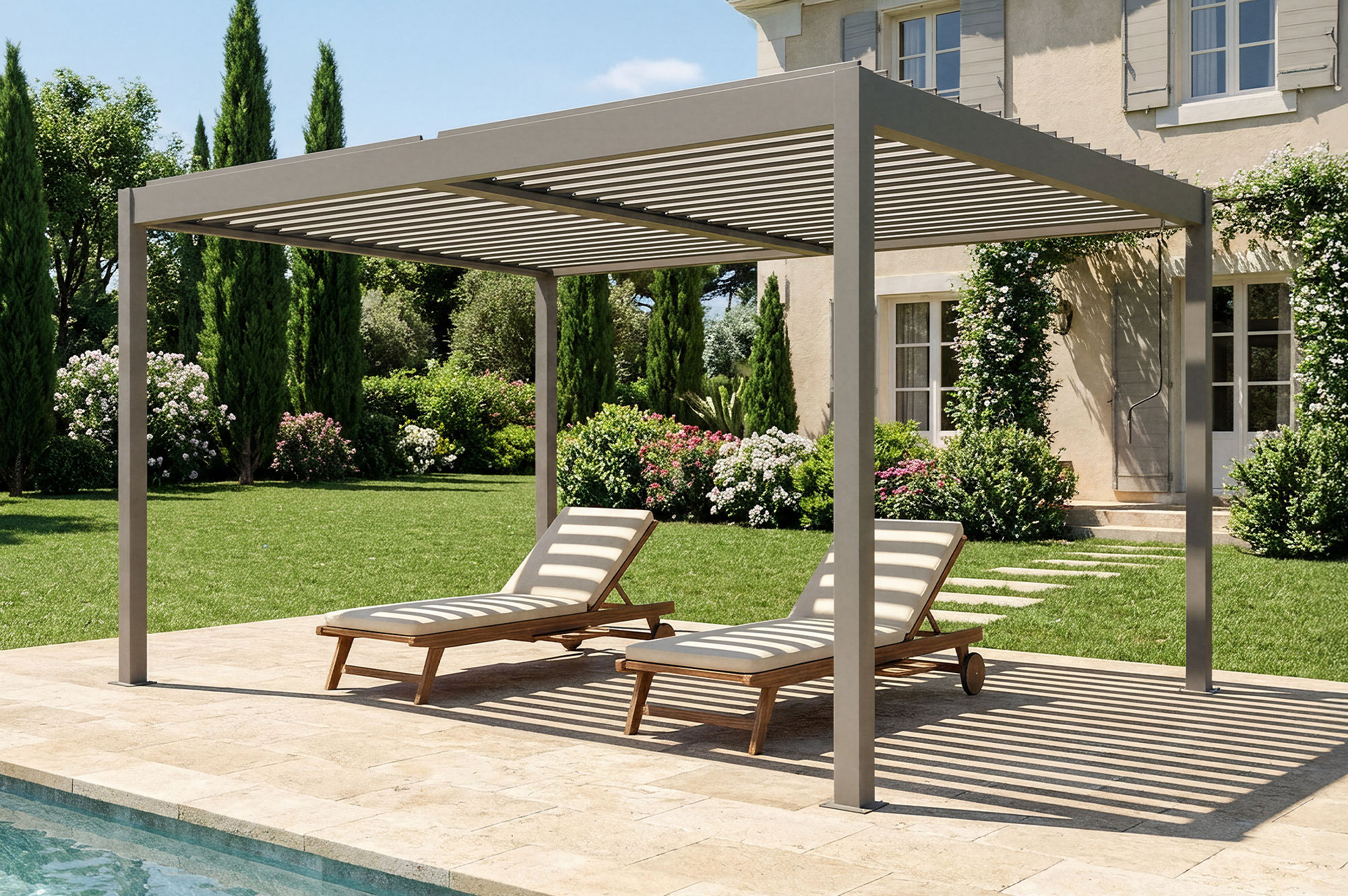 PIANA 4x3m freistehende, bioklimatische Pergola in taupefarbenem Aluminium 7
