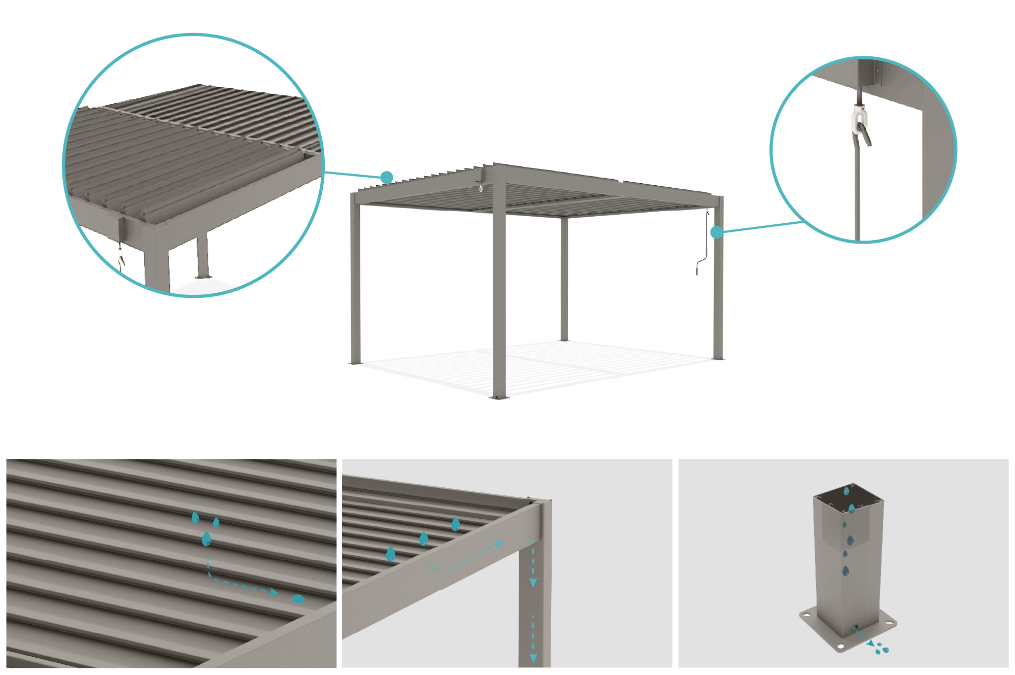 PIANA 4x3m freistehende, bioklimatische Pergola in taupefarbenem Aluminium 6