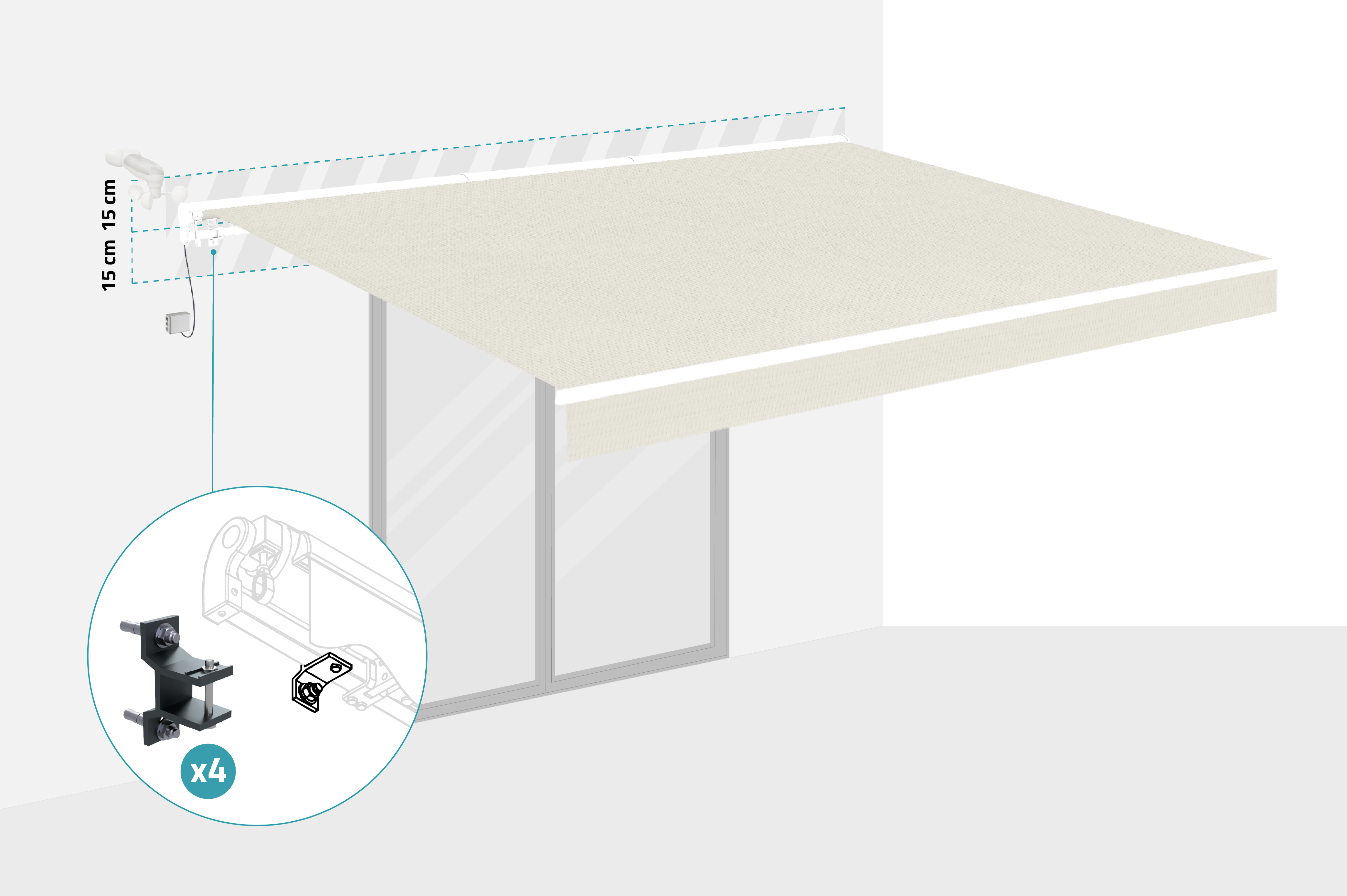 Toldo motorizado semicassette blanco FAZZIO 4m x 3m con tejido beige 3