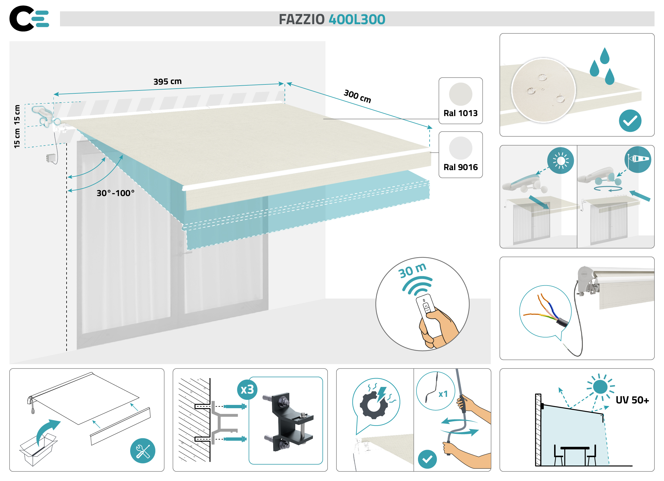 Toldo motorizado semicassette blanco FAZZIO 4m x 3m con tejido beige 2