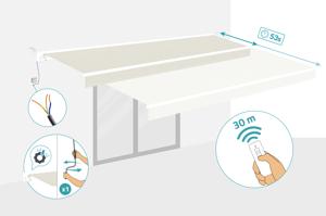 Toldo motorizado semicassette blanco FAZZIO 5m x 3m con tejido beige 5