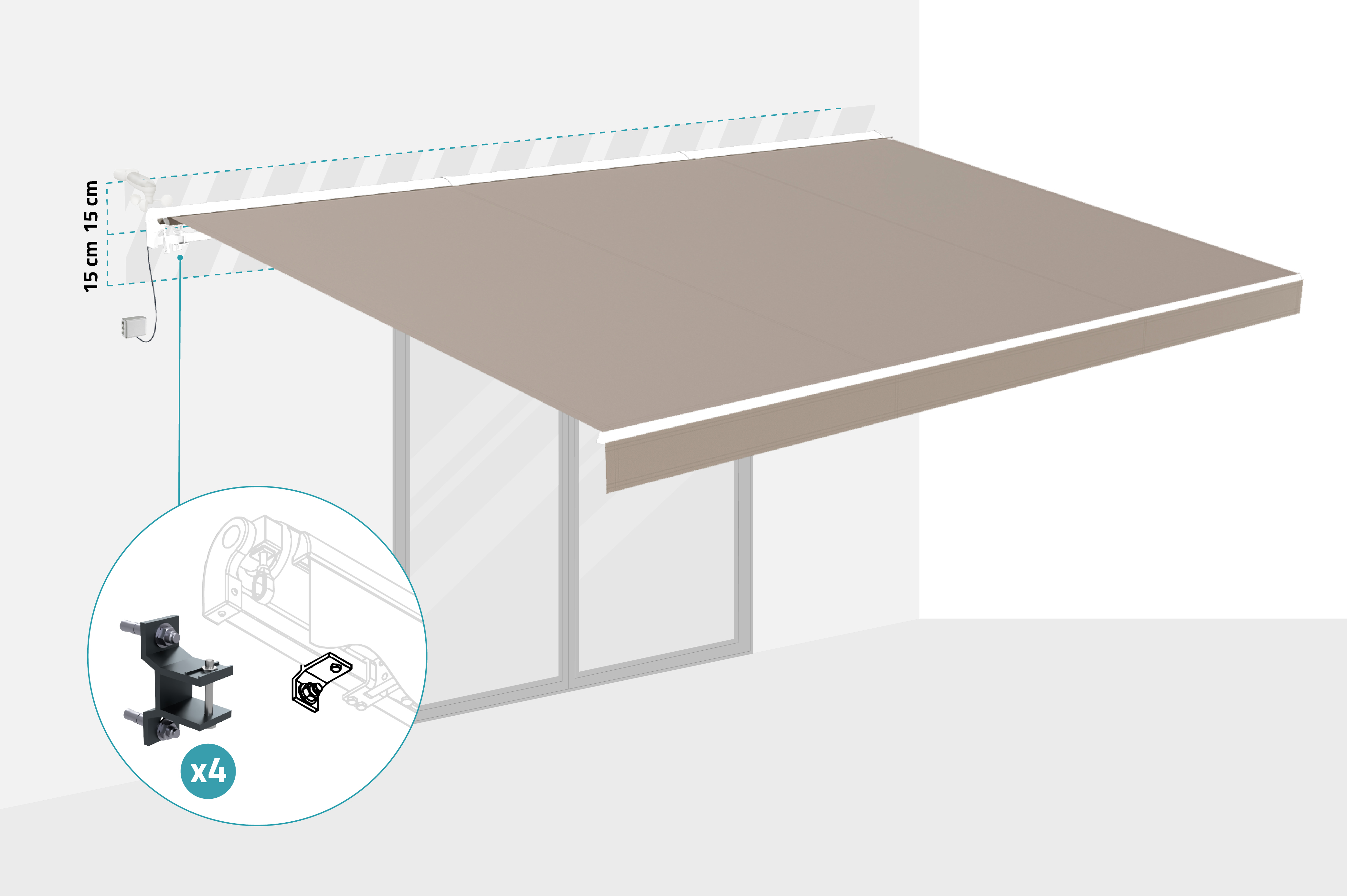 FAZZIO 5m x 3m wit semi-cassette gemotoriseerd zonnescherm met taupekleurig doek 3