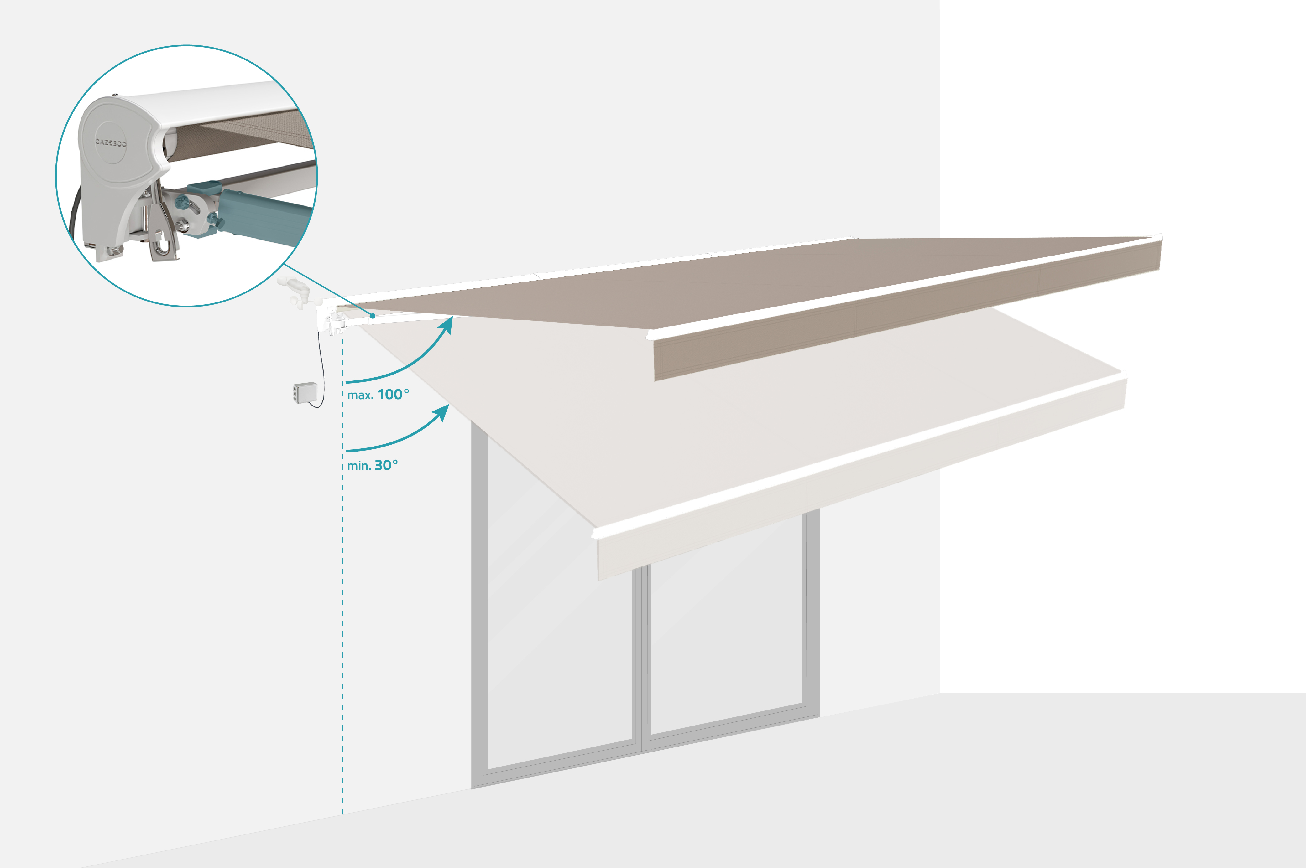 FAZZIO 5m x 3m wit semi-cassette gemotoriseerd zonnescherm met taupekleurig doek 4