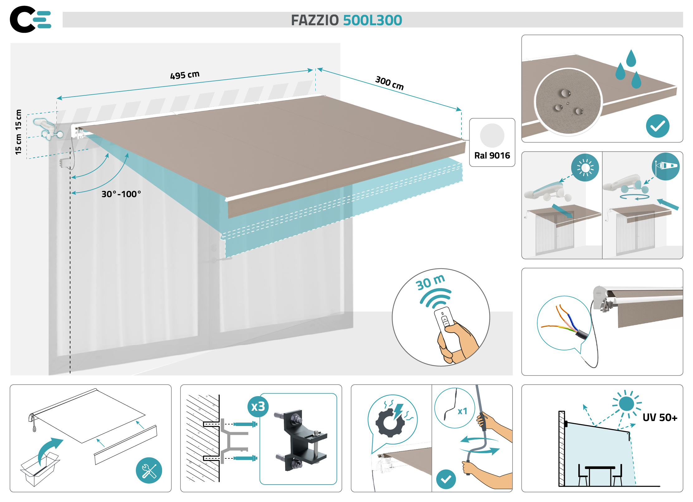 FAZZIO 5m x 3m wit semi-cassette gemotoriseerd zonnescherm met taupekleurig doek 2