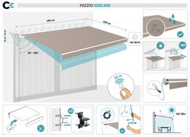 FAZZIO 5m x 3m wit semi-cassette gemotoriseerd zonnescherm met taupekleurig doek 2