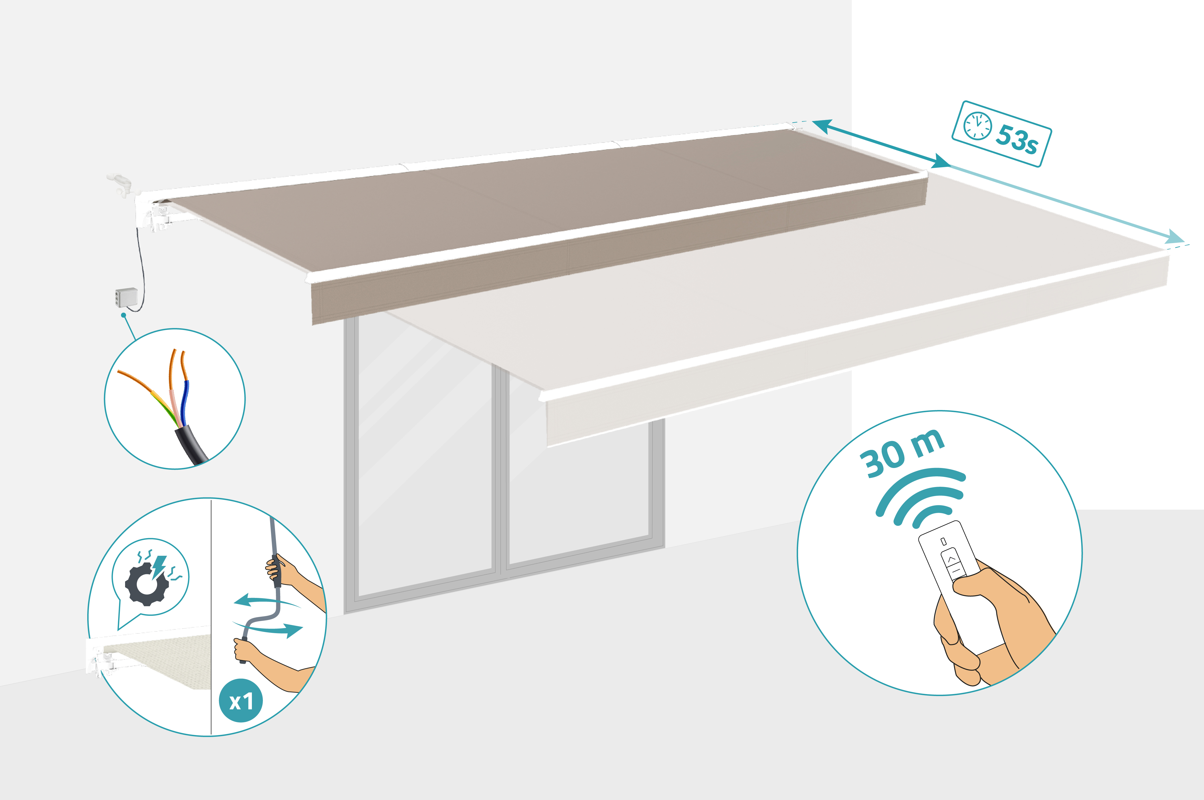 FAZZIO 5m x 3m wit semi-cassette gemotoriseerd zonnescherm met taupekleurig doek 5
