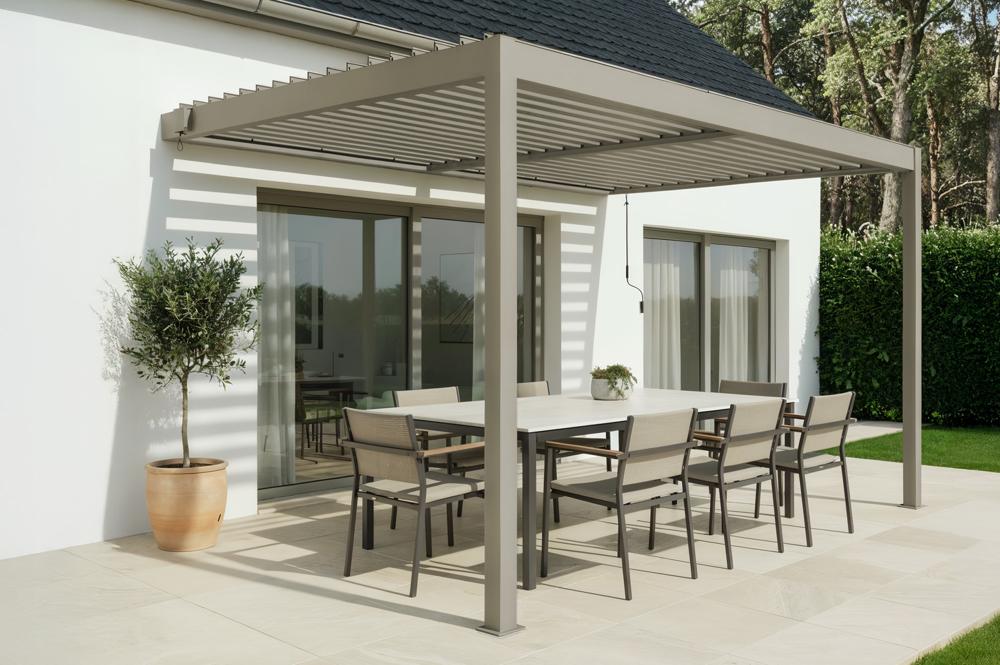 PIANA 4x3m attached bioclimatic pergola in taupe aluminum