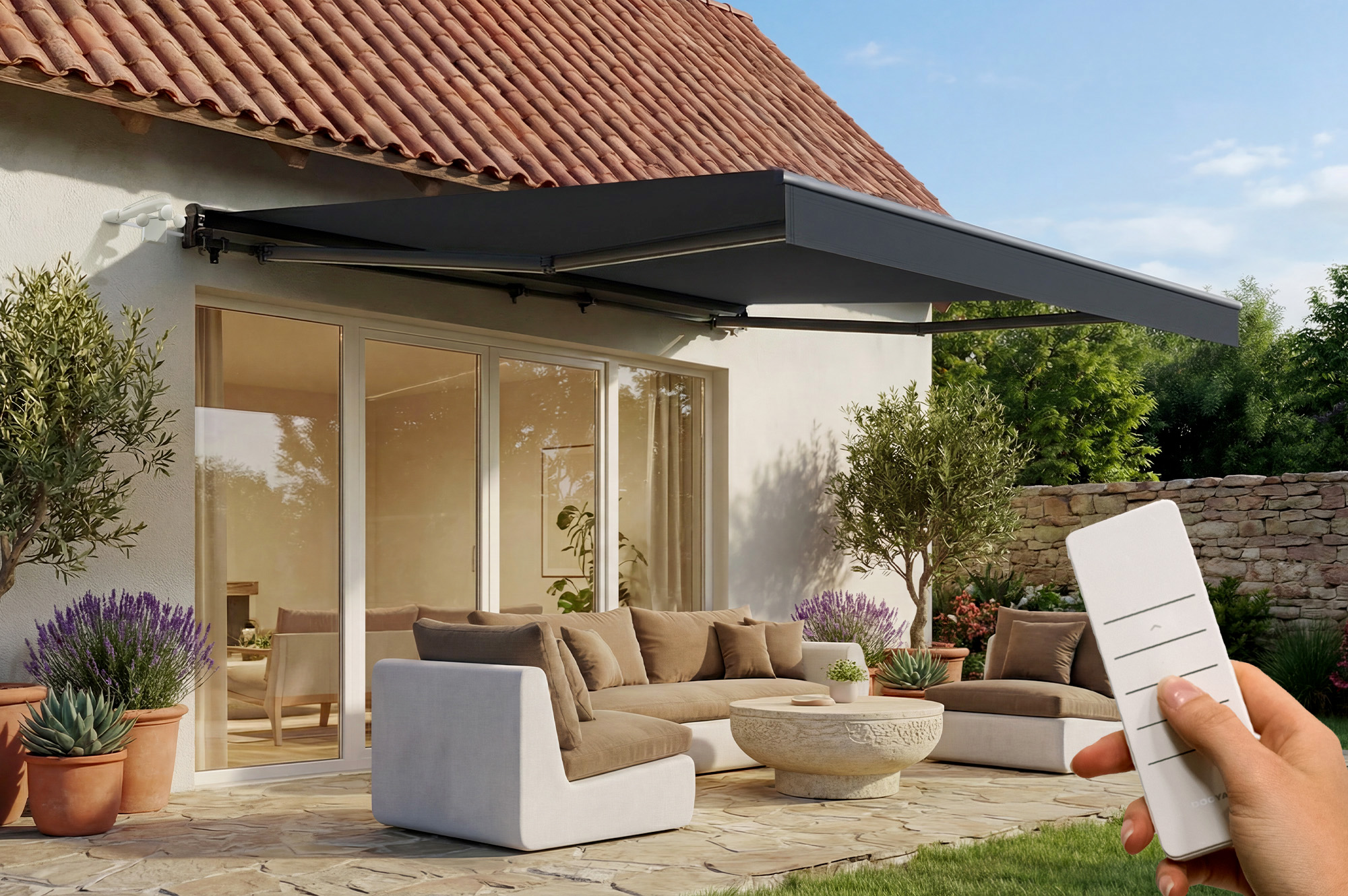 Store banne motorisé à LED semi-coffre gris FAZZIO 4x3m toile grise 2