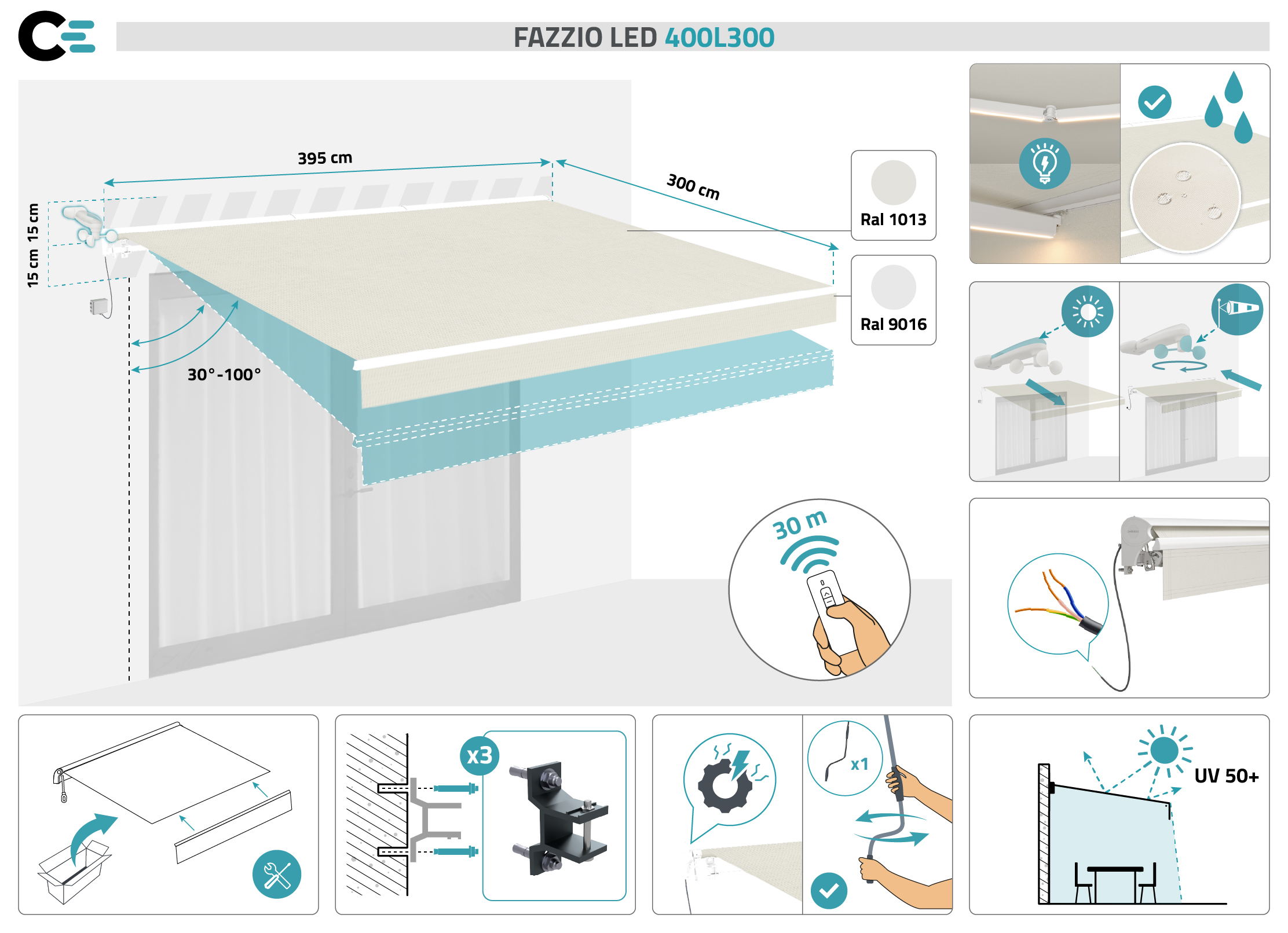 FAZZIO 4x3m witte semi-cassette gemotoriseerde LED-zonnescherm met beige doek 3
