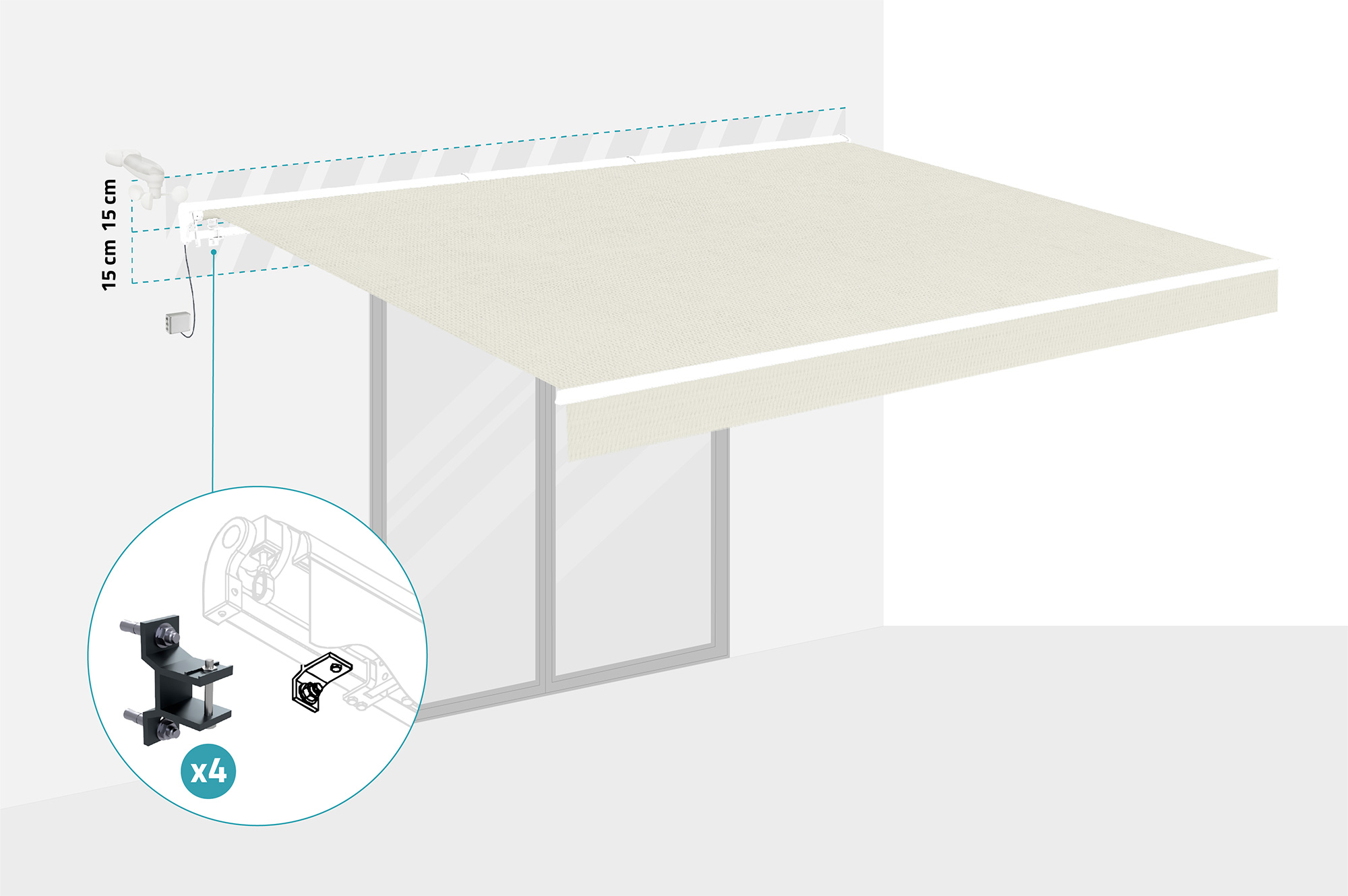 FAZZIO 4x3m witte semi-cassette gemotoriseerde LED-zonnescherm met beige doek 4