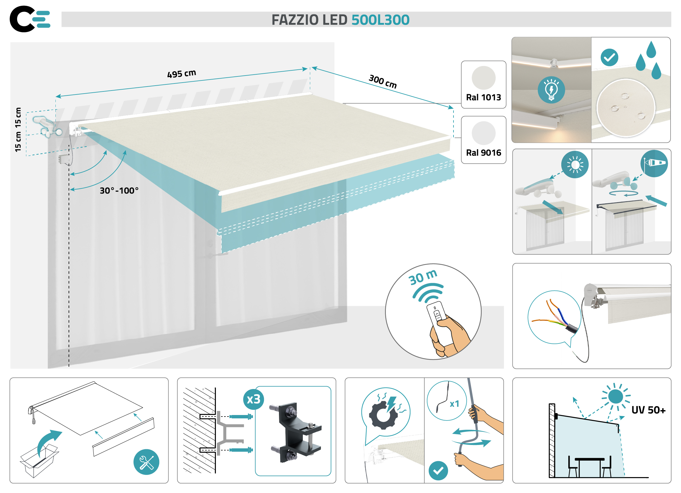 Store banne motorisé à LED semi-coffre blanc FAZZIO 5x3m toile beige 3