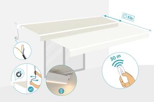 Store banne motorisé à LED semi-coffre blanc FAZZIO 5x3m toile beige 6