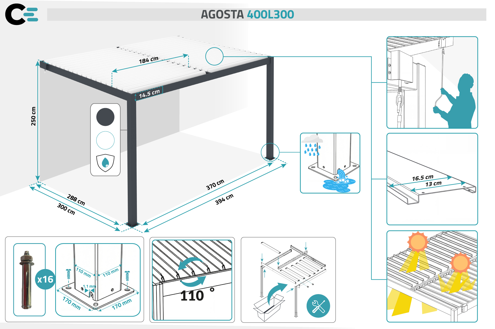 AGOSTA 4x3 bioklimatikus pergola, falra szerelhető, 250 cm magas - Szürke alumínium fehér lécekkel 15