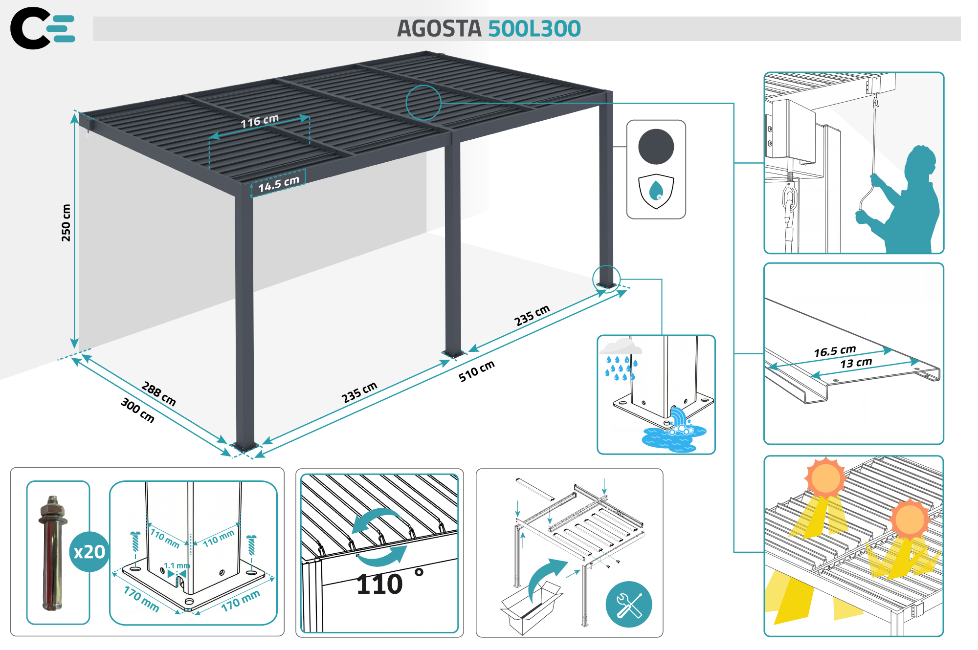 Pergola bioclimatique 5x3 adossée AGOSTA hauteur 250cm - Aluminium gris 3