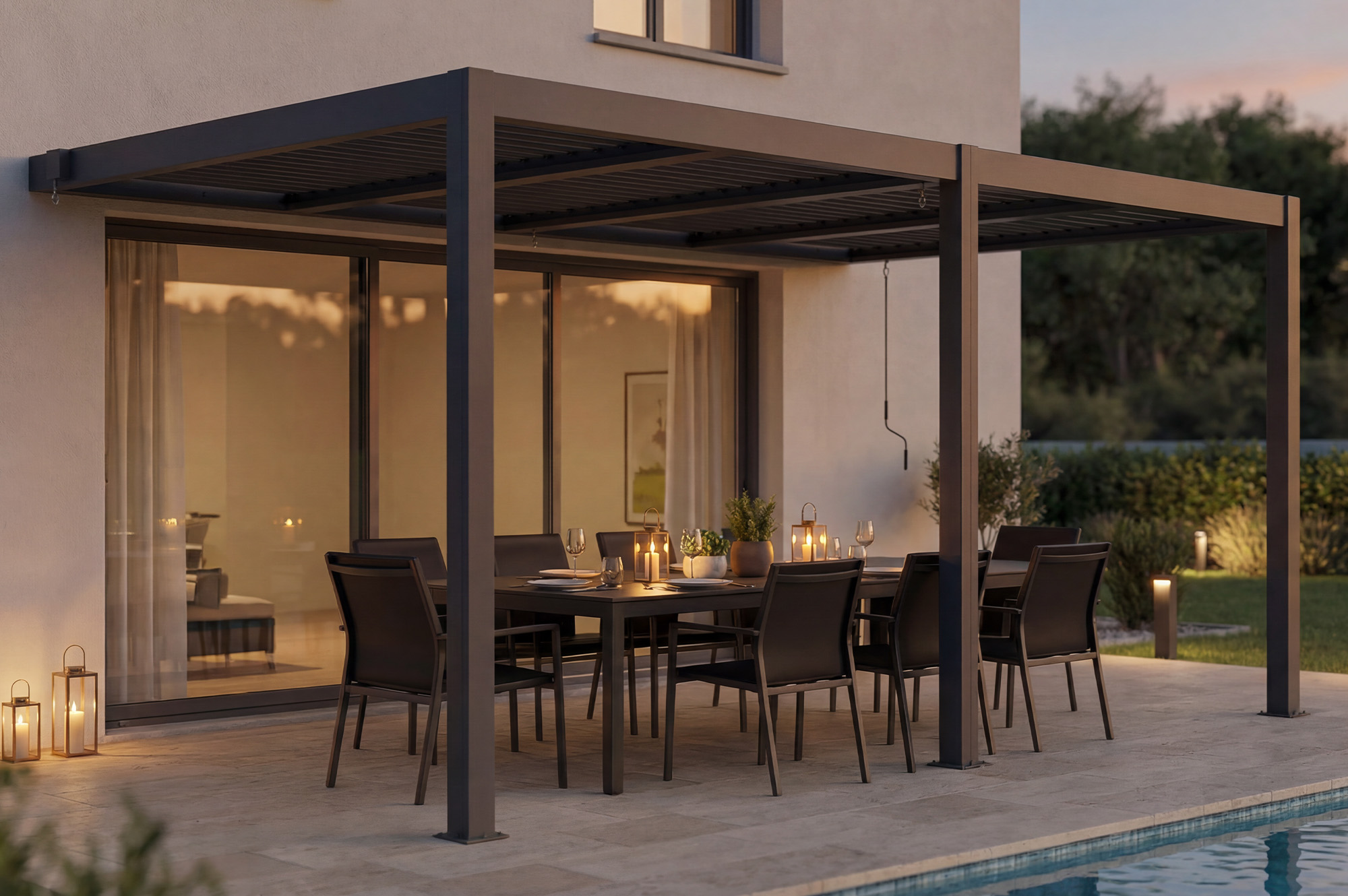 Pergola bioclimatique 5x3 adossée AGOSTA hauteur 250cm - Aluminium gris 2