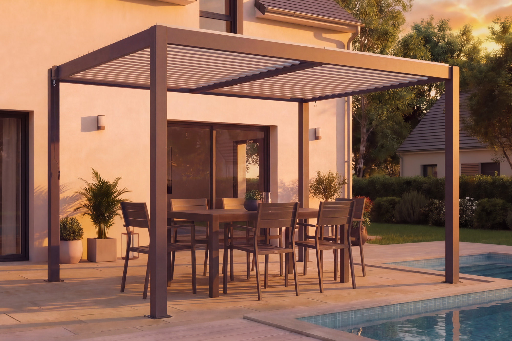 AGOSTA 4x3 szabadon álló bioklimatikus pergola, 250 cm magas - Szürke alumínium fehér lécekkel 9
