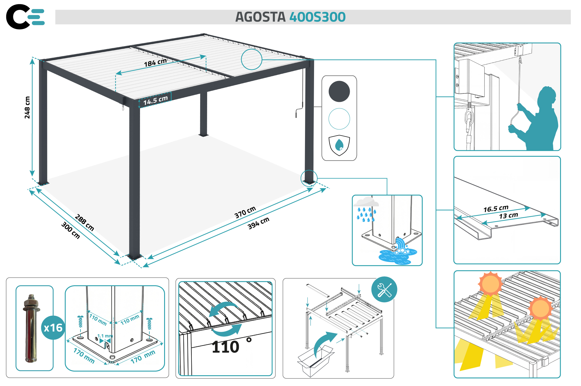 AGOSTA 4x3 szabadon álló bioklimatikus pergola, 250 cm magas - Szürke alumínium fehér lécekkel 16