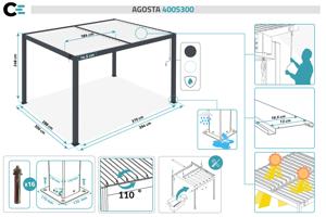 AGOSTA 4x3 szabadon álló bioklimatikus pergola, 250 cm magas - Szürke alumínium fehér lécekkel 16