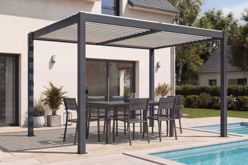 Pérgola bioclimática autoportante AGOSTA 4x3, 250cm de altura - Aluminio gris con lamas blancas