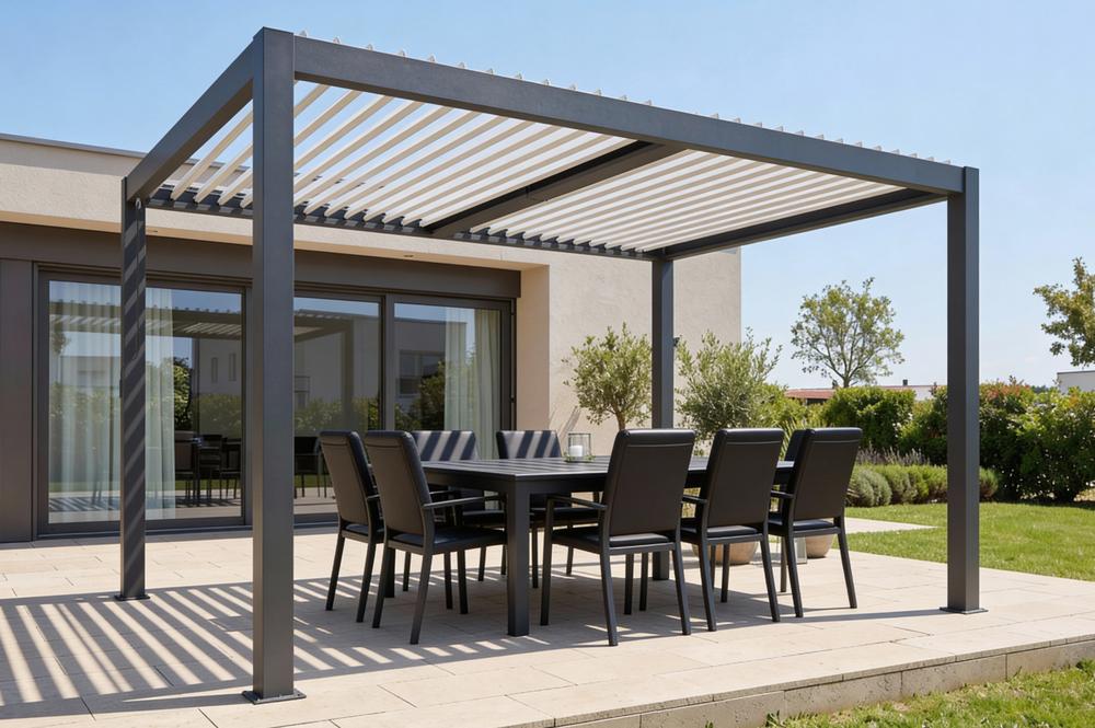 Pérgola bioclimática autoportante AGOSTA 4x3m, aluminio gris con lamas blancas