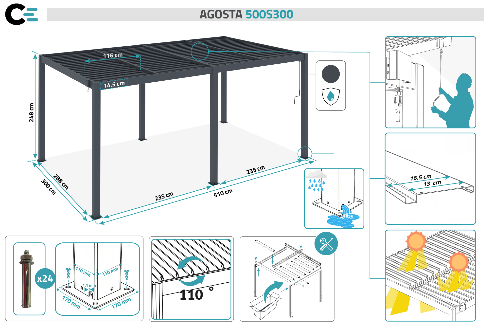 AGOSTA 5x3 szabadon álló bioklimatikus pergola, 250 cm magas - szürke alumínium 4