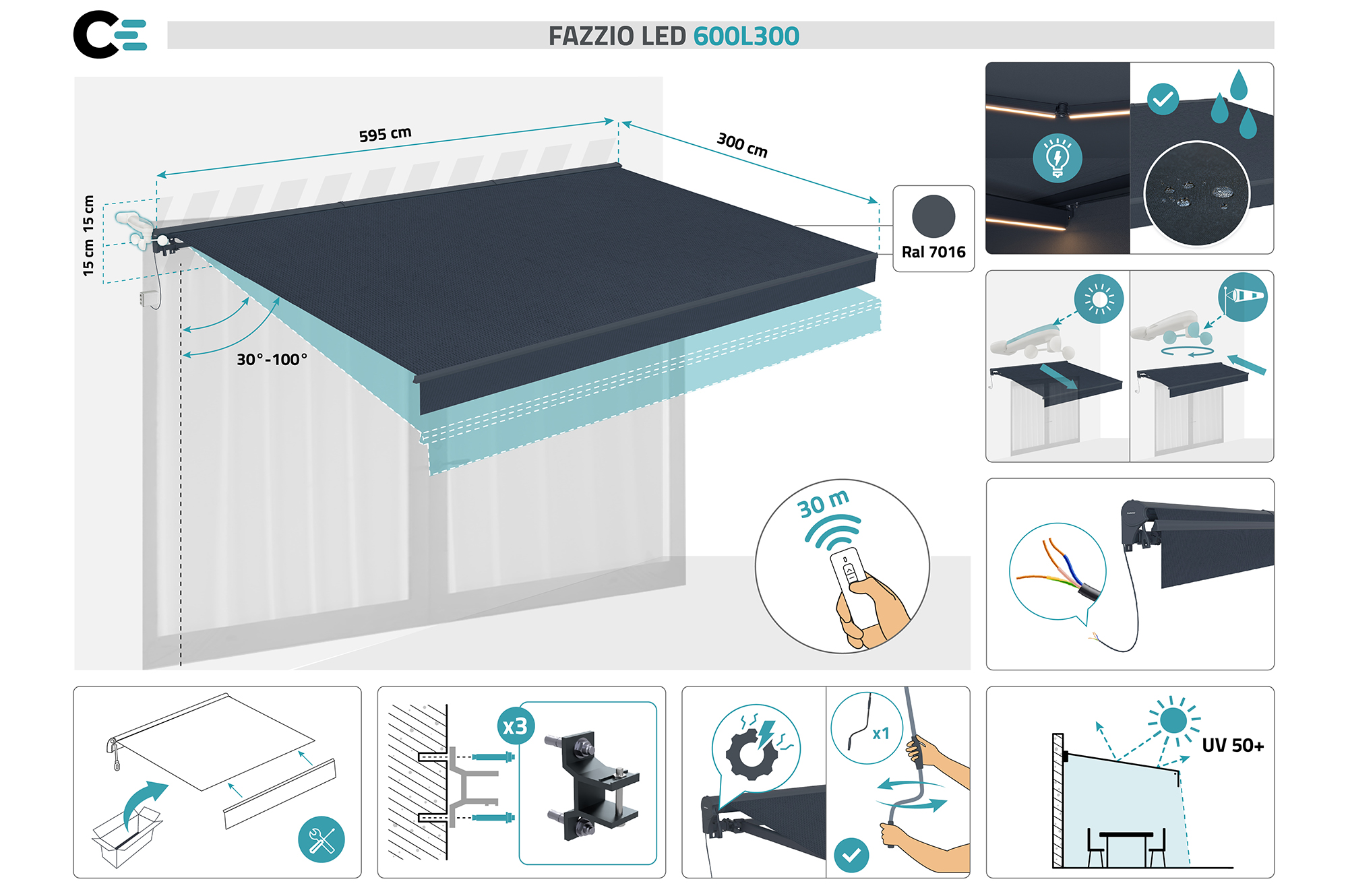 FAZZIO 6x3m semi-cassette gemotoriseerd LED-zonnescherm, grijs, grijs doek 3