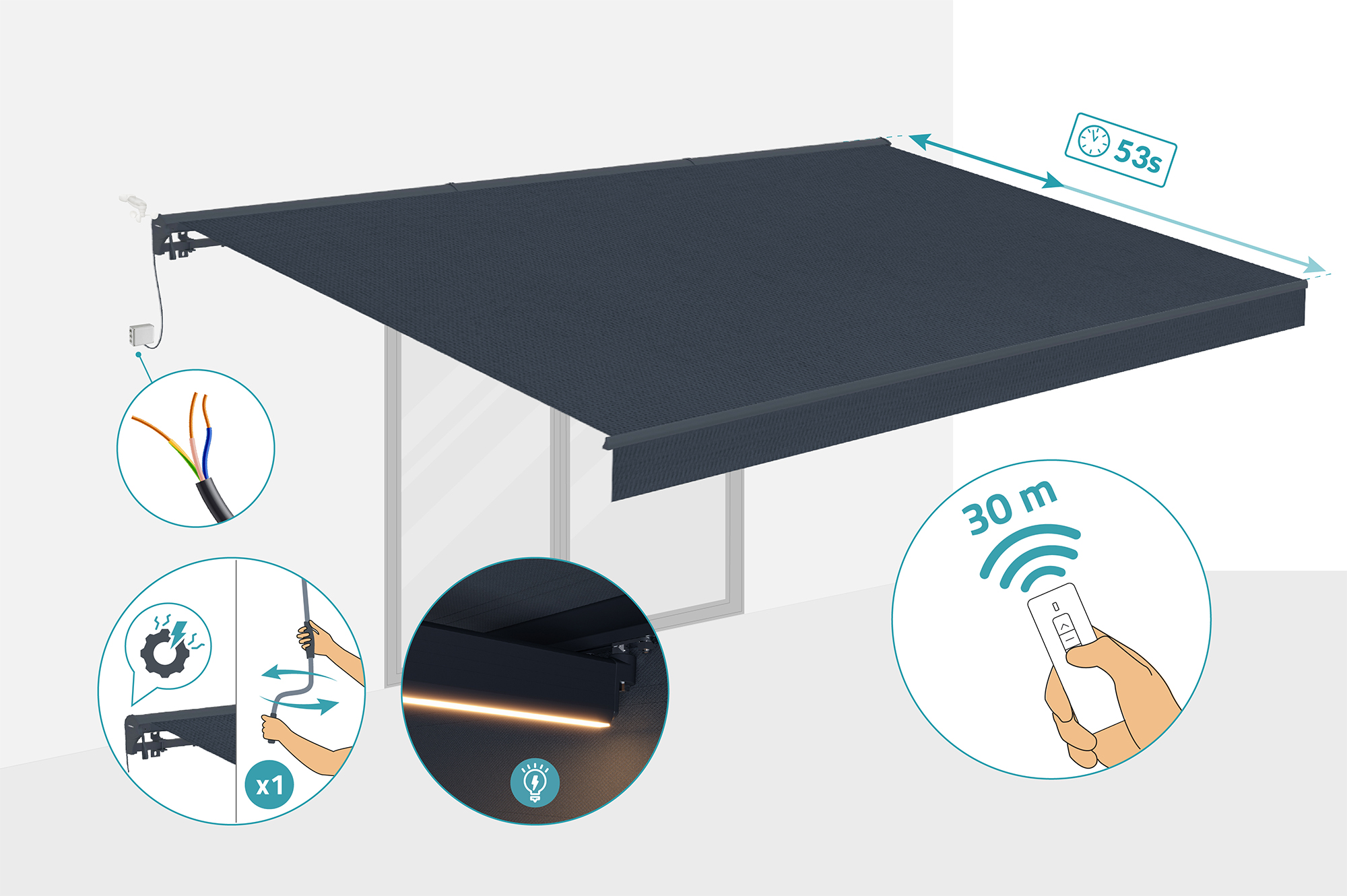 FAZZIO 6x3m semi-cassette gemotoriseerd LED-zonnescherm, grijs, grijs doek 6