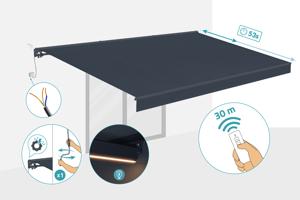 FAZZIO 6x3m semi-cassette gemotoriseerd LED-zonnescherm, grijs, grijs doek 6