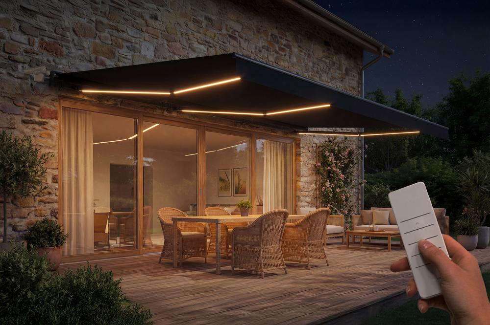 FAZZIO 6x3m semi-cassette motorized LED awning, grey, grey fabric