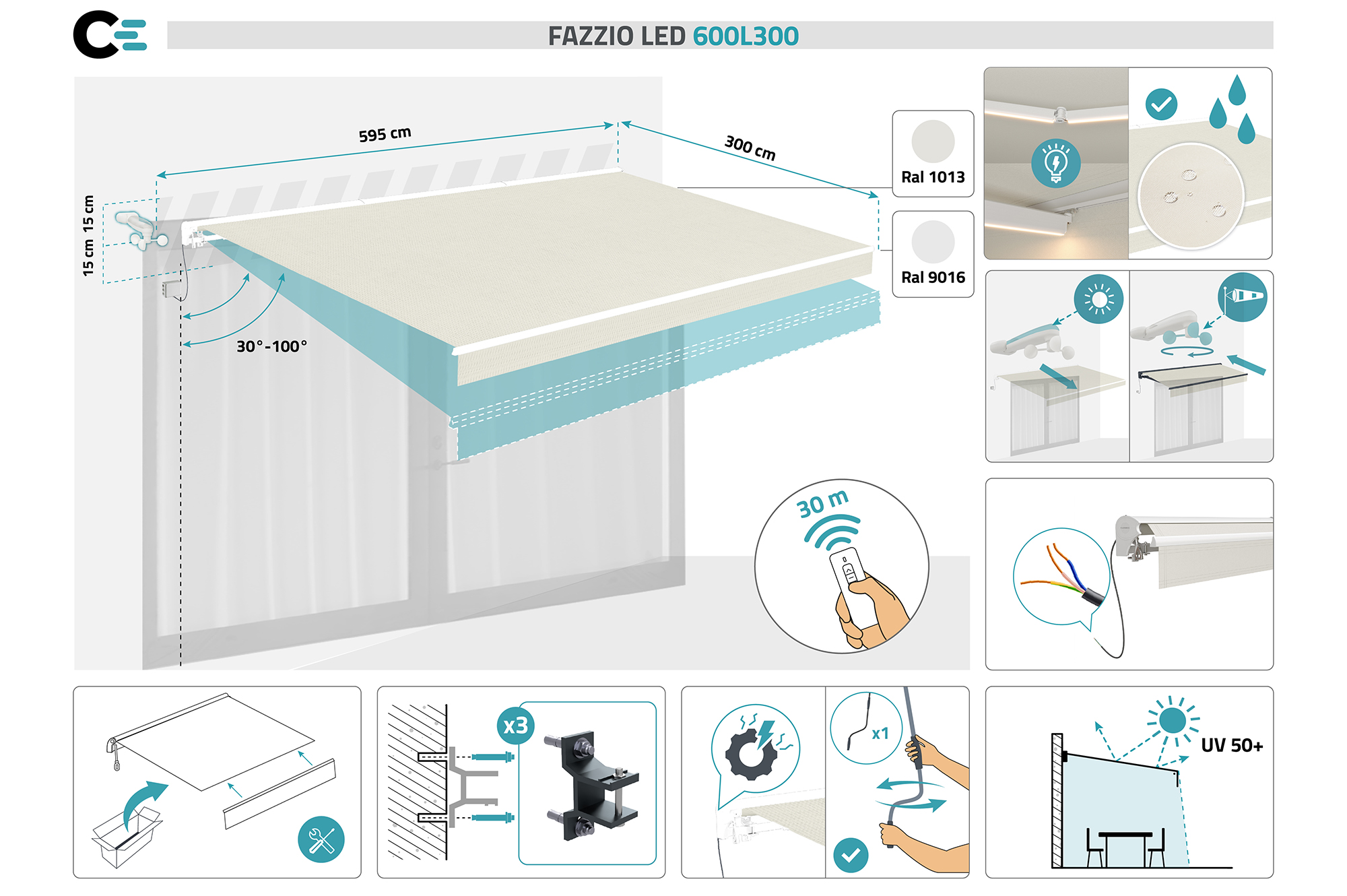 FAZZIO 6x3m semi-cassette gemotoriseerd LED-zonnescherm met wit frame en beige doek 3