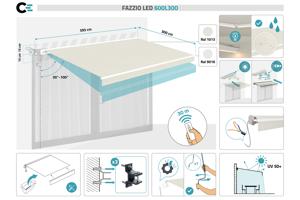 FAZZIO 6x3m semi-cassette gemotoriseerd LED-zonnescherm met wit frame en beige doek 3