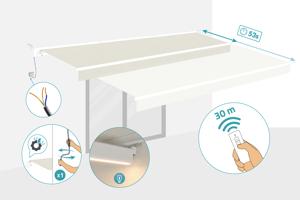 FAZZIO 6x3m semi-cassette gemotoriseerd LED-zonnescherm met wit frame en beige doek 6