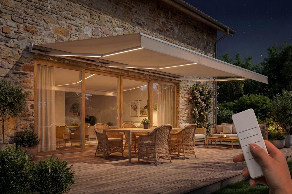 FAZZIO 6x3m semi-cassette motorized LED awning with white frame and beige fabric