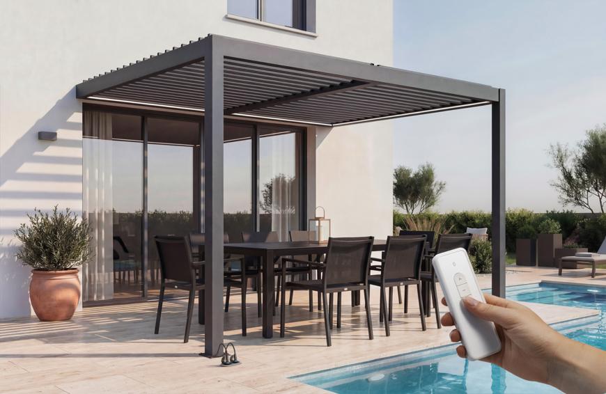 AGOSTA 4x3m motoriserad bioklimatisk pergola med LED-belysning, 250 cm hög - Grå aluminium
