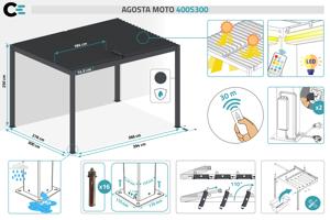 AGOSTA 4x3m motoros bioklimatikus pergola szabadon álló LED világítással, 250cm magas - Szürke alumínium 4
