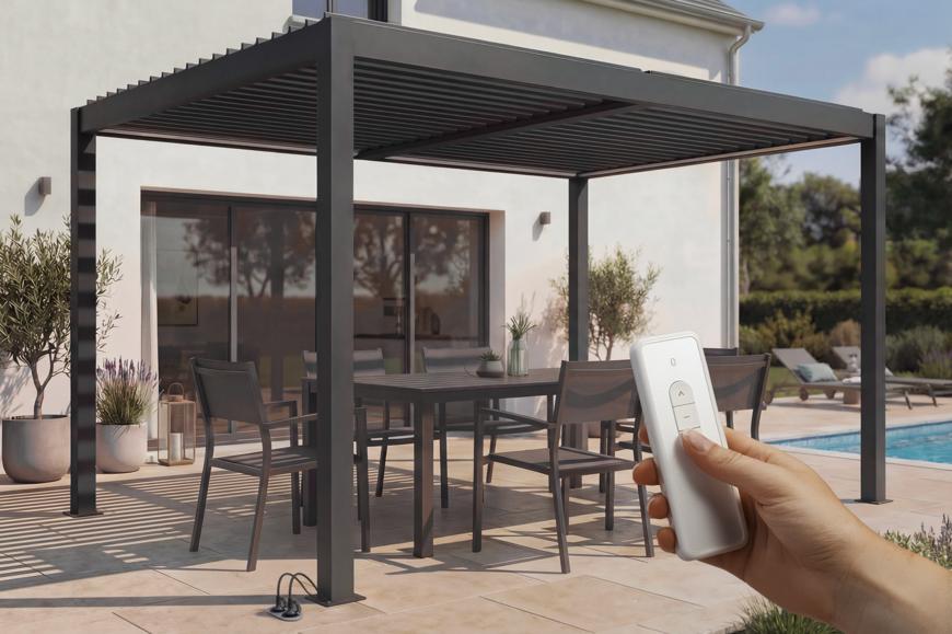 AGOSTA Pergola bioclimatica motorizzata 4x3m con illuminazione a LED autoportante, altezza 250 cm - Alluminio grigio