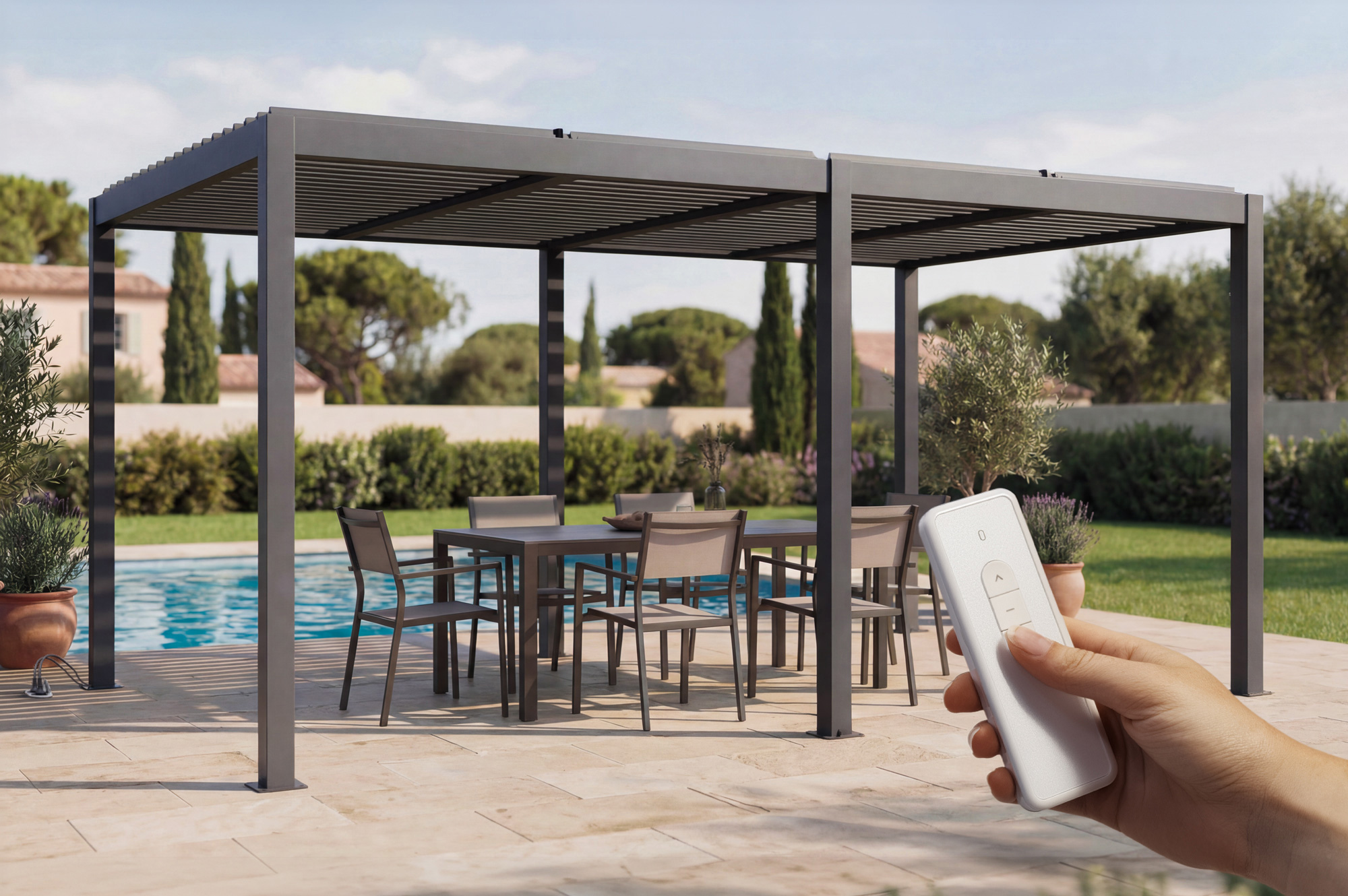 AGOSTA 5x3m szabadon álló motoros bioklimatikus pergola LED világítással, 250cm magas - Szürke alumínium main_image