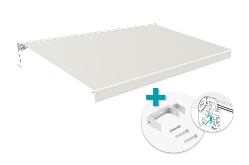 FAZZIO 5m x 3m white motorized awning with beige fabric and ceiling fixing