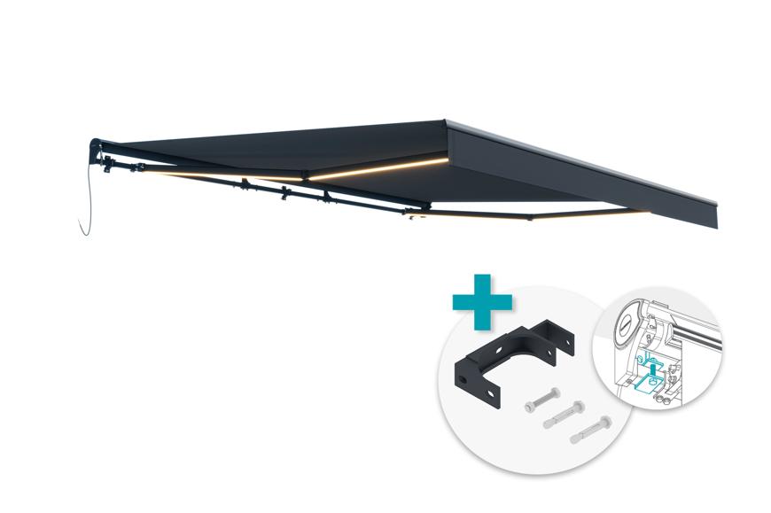 FAZZIO 4x3m motorized LED awning, grey fabric, grey with ceiling mounting