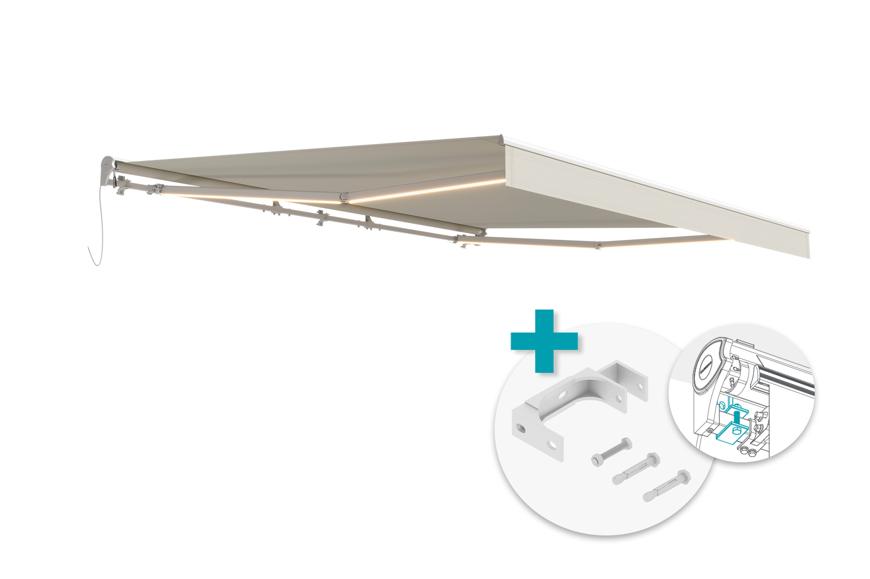 FAZZIO 4x3m white LED motorized awning with beige fabric and ceiling mounting