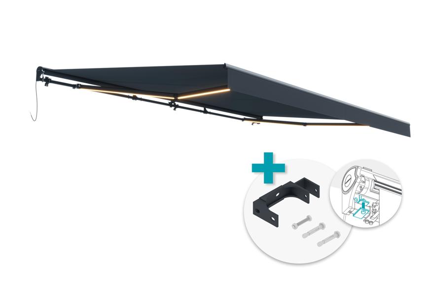 FAZZIO 5x3m motorized LED awning, grey fabric, grey, with ceiling mounting