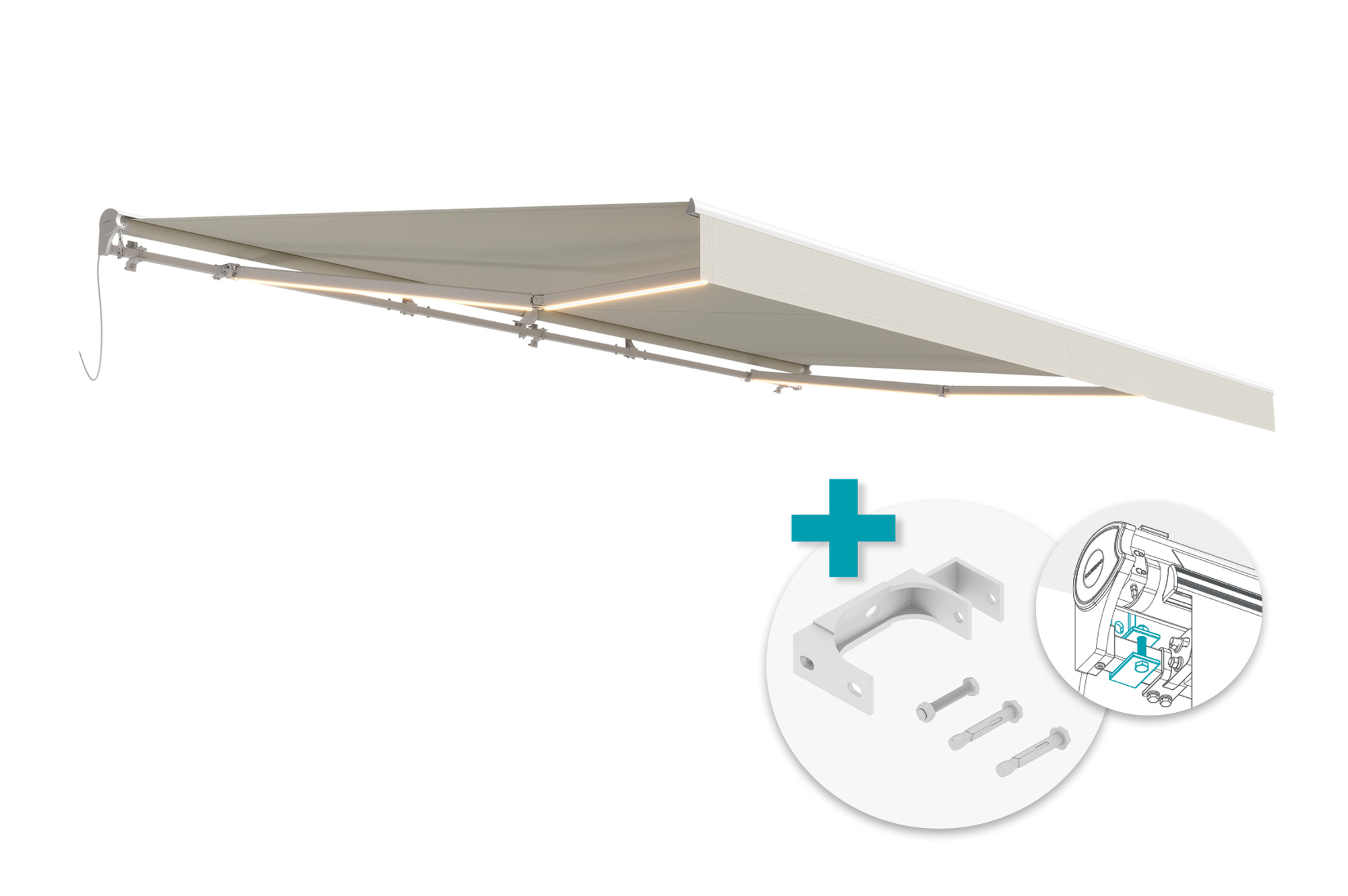 FAZZIO 5x3m balta LED motorizēta markīze ar bēšu audumu un griestu stiprinājumu main_image