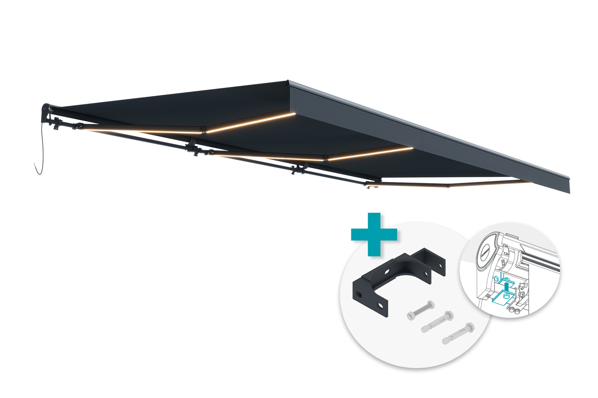 Toldo motorizado semi-casete FAZZIO LED 6x3m con tejido gris y fijaciones al techo main_image