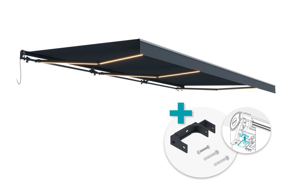 FAZZIO 6x3m semi-cassette motorized LED awning with grey fabric and ceiling fixings
